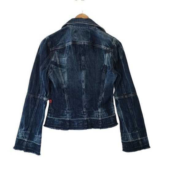 Guess denim jacket undone raw hem flared sleeve dark wash sz S - Picture 2 of 8